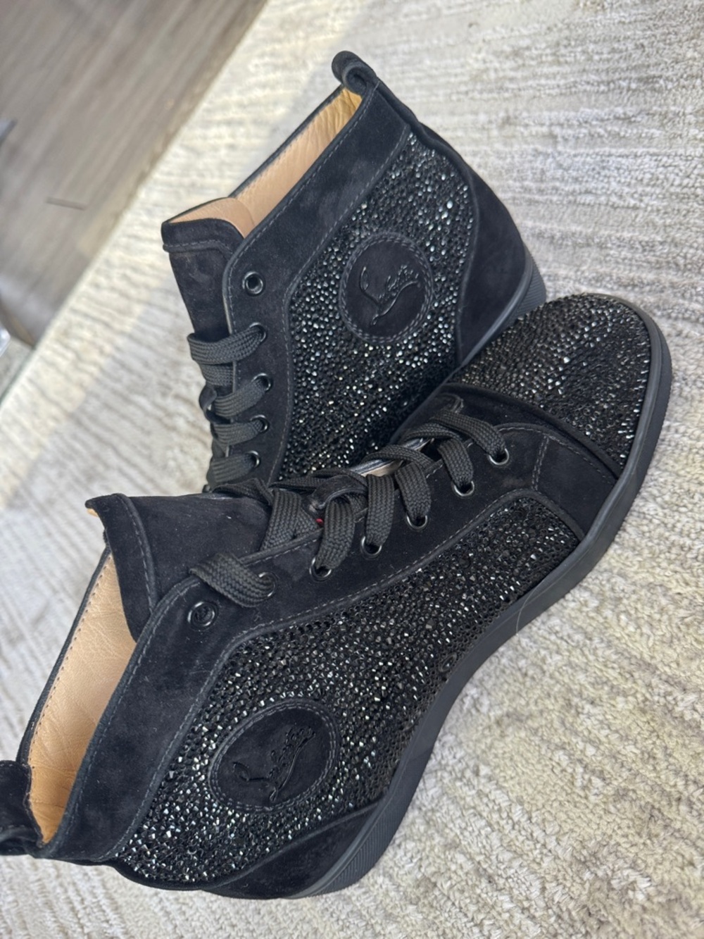 Christian Louboutin Black Suede High-Top Sneakers with Crystal Embellishments